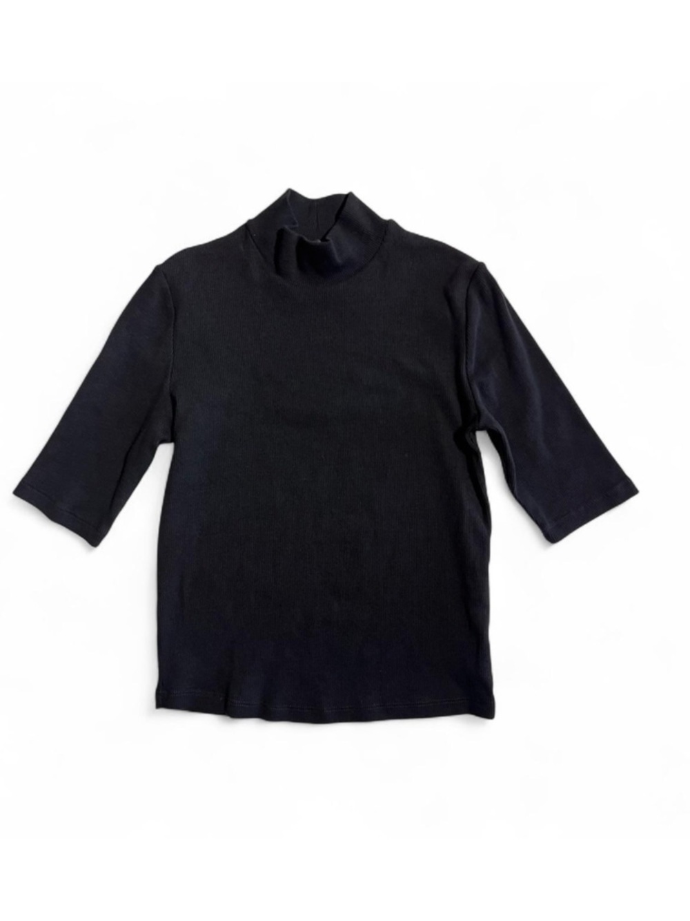 Black Ribbed Mock Neck 3/4 Sleeve Tee Y2K Minimalist